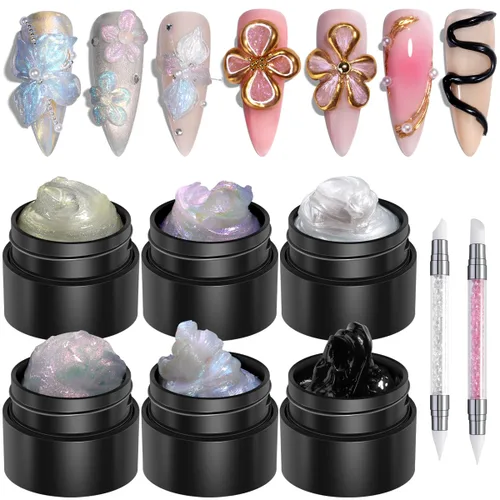 Fcozpjk Kit de gel constructor sólido, 6 colores no pegajosos para uñas, gel sólido constructor para uñas, color azul aurora, rosa, perla y blanco,