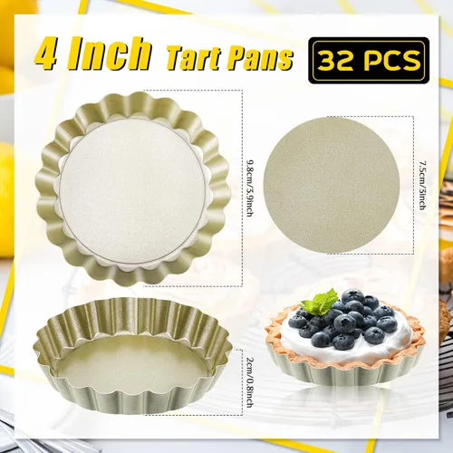 Miniatura 2 de Uiifan 32 mini moldes para tartas, moldes antiadherentes de 4 pulgadas con parte inferior extraíble, sartén redonda acanalada para quiche para Dorado