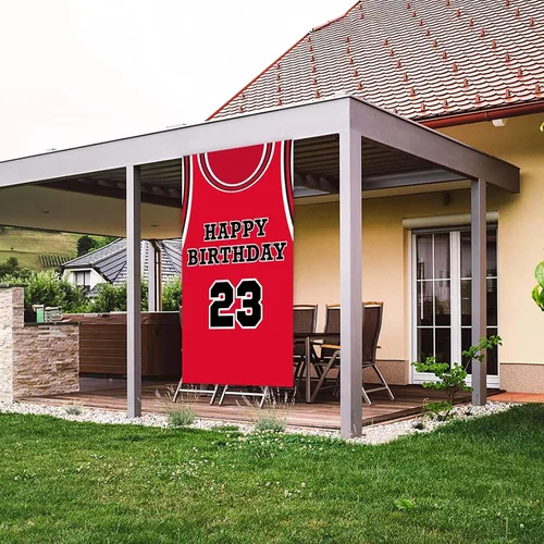Miniatura 5 de Fondo de pancarta de feliz cumpleaños 23, fondo rojo de baloncesto estrella jugador de deportes decoración para hombre niño primer cumpleaños fiesta