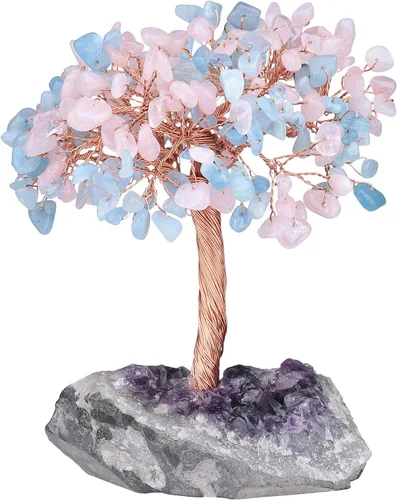 Miniatura 8 de rockcloud Árbol de dinero con piedra de cristal de cuarzo rosa natural con base de racimo de cristal de cuarzo amatista, árbol bonsái, Feng Shui