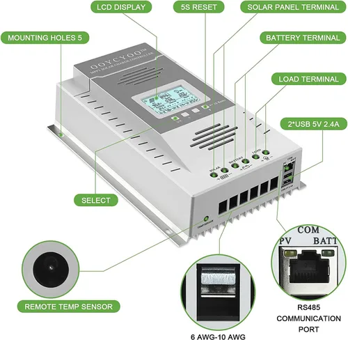 Miniatura 3 de Controlador de Carga MPPT 100 amperios 12V/24V Auto, Regulador de Carga de Panel Solar 100A con Pantalla LCD Retroiluminada Máxima 100V para Batería