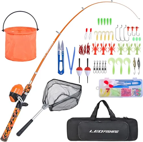 Miniatura 7 de LEOFISHING Juego de caña de pescar para niños con kits completos de iniciación, caña de pescar telescópica portátil y carrete Spincast con una red