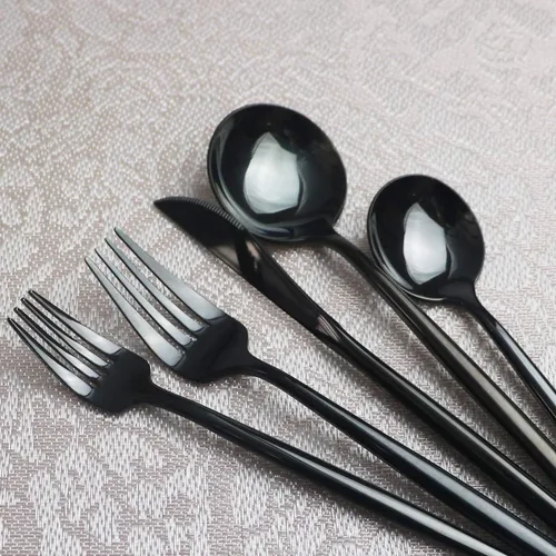 Miniatura 4 de Juego de cubiertos portátiles, juego de cubiertos de 5 piezas, acero inoxidable 18/10, pulido de espejo, negro, utensilios modernos y elegantes