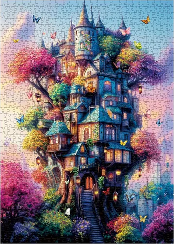 Miniatura 2 de Rompecabezas de 1000 piezas de casa del árbol de mariposa para adultos, rompecabezas de fantasía, colorido árbol de casa de plantas