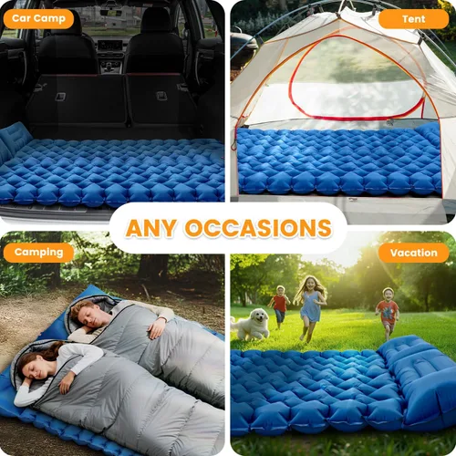 Miniatura 6 de Colchoneta de dormir para acampar para 2 personas, doble almohadilla de campamento con bomba de pie y almohada integrada, colchón de aire Azul