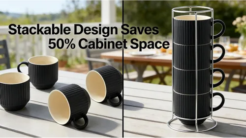 Miniatura 6 de HASENSE Juego de 4 tazas de café de cerámica con soporte, tazas grandes apilables para café con soporte de metal, aptas para lavavajillas y Negro