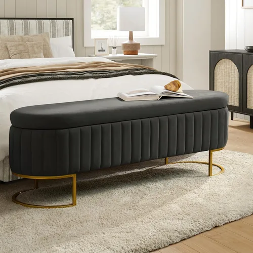 Miniatura 13 de EcoHarbor Living Banco de almacenamiento de 50.5" para pasillo, otomano tapizado con extremo de cama de terciopelo con patas doradas, reposapiés