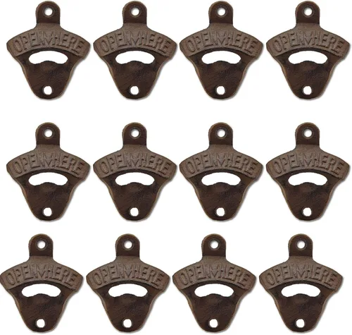 Miniatura 9 de Abridor de botellas de hierro fundido negro montado en la pared con tornillos montables para mesa de poste enfriador de madera (paquete de 3)