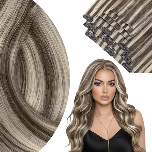 Miniatura 64 de Ve Sunny Extensiones de cabello clip-in de cabello humano real con reflejos, extensiones de cabello con clip para cabello corto, marrón oscuro