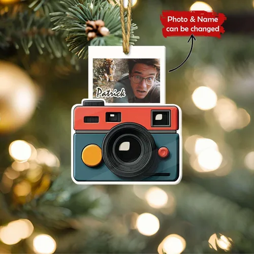 Miniatura 2 de Adorno acrílico en forma de cámara 2D, nombre personalizado y foto colgante de Navidad para fotógrafo, adorno de marco de fotos retro personalizado