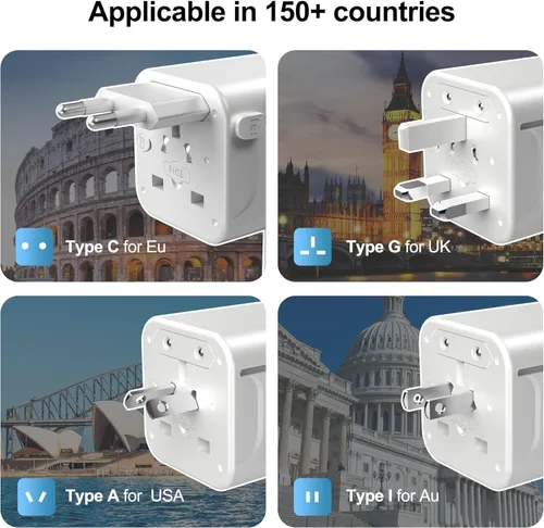 Miniatura 13 de VYLEE Adaptador de viaje universal con cable de extensión de 6 pies, adaptador de corriente internacional para Europa, Reino Unido, EE. UU.