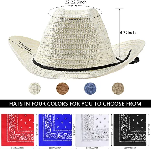 Miniatura 3 de SATINIOR - Juego de 12 sombreros de vaquero de paja y bandanas para fiesta, sombrero de vaquero para fiesta, disfraz y bandana, accesorios
