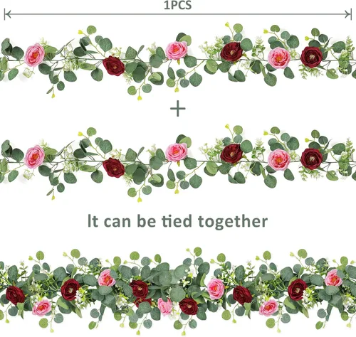 Miniatura 29 de TOCHGREEN Paquete de 2 Guirnaldas de Flores de Eucalipto Artificial de 12 Pies con Rosas Champán, Guirnalda de Flores de Rosa Falsa Verdor
