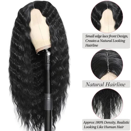 Miniatura 3 de FEEL ME Peluca rizada sintética de 28 pulgadas, pelucas largas de encaje de onda profunda para mujeres negras, cuero cabelludo sintético, rizos
