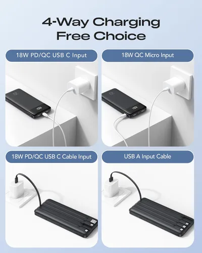 Miniatura 8 de Orfeika Cargador Portátil de 20000mAh con Carga Rápida, Cargador con 4 Cables Integrados y 6 Salidas, Paquete de Batería USB C de 20W PD Compatible