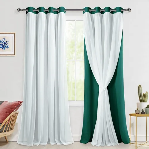Miniatura 31 de Hiasan Cortinas opacas con superposición transparente, aislamiento térmico para mezclar y combinar de doble capa, cortinas de oscurecimiento de Beige