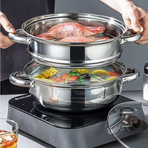 Miniatura 3 de Olla de vapor con tapa, olla multiusos de acero inoxidable para cocinar al vapor, 11 pulgadas para verduras, guisos, pasta, albóndigas, salsa