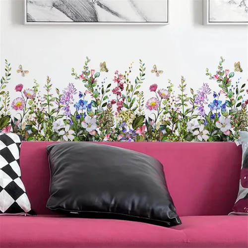 Miniatura 5 de Calcomanía de pared de flores coloridas y mariposas, arte floral de sacinora con plantas verdes, vinilo extraíble para despegar y pegar para sala