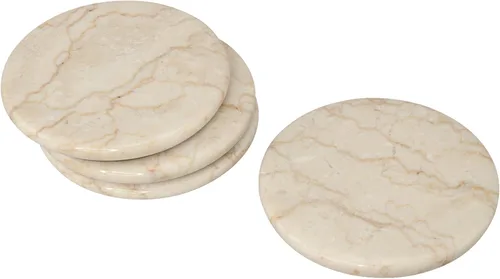 Creative Home Natural Champagne Marble Set of 4 Piece Round Coasters, 4" Diameter