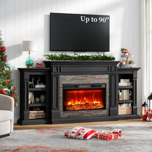 Miniatura 11 de Chimenea eléctrica de 72 pulgadas con chimenea, soporte de TV para televisores de hasta 80 pulgadas, centro de entretenimiento de granja con Blanco