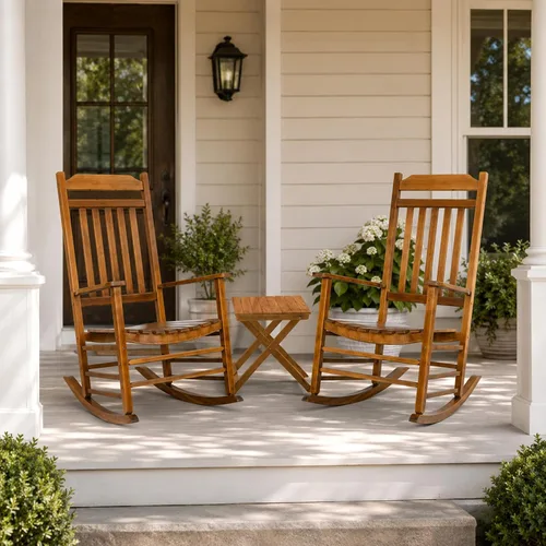Miniatura 10 de Kozyard Mecedora de madera, silla mecedora de madera maciza para exteriores con respaldo alto y asiento de listones, mecedora ergonómica
