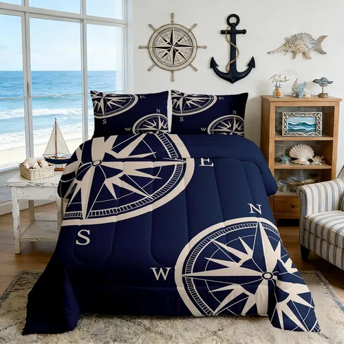 Juego de edredón de brújula azul marino, tamaño individual, 2 piezas, diseño náutico de vela, estilo simple, para niños, adolescentes, adultos,