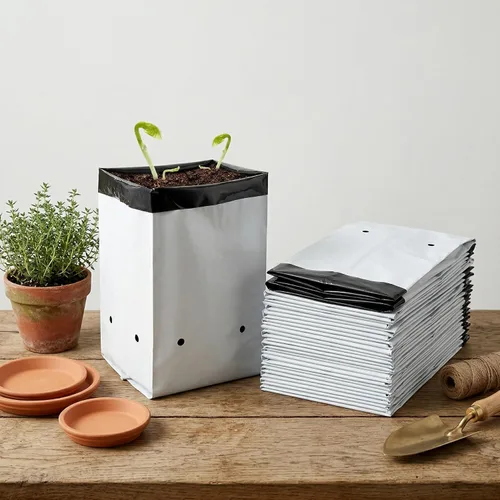Miniatura 6 de Lawei Paquete de 100 bolsas de cultivo de plástico de 1 galón, bolsas de cultivo de plantas en blanco y negro, bolsas de siembra para plantas