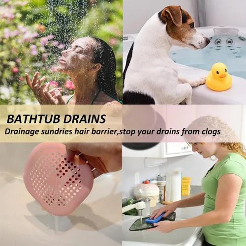 Miniatura 4 de Recolector de cabello cuadrado con ventosas para desagüe, tapón de silicona para ducha, fácil de instalar para baño, tina y cocina, 2 unidades (rosa)