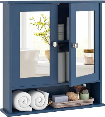 Miniatura 12 de Tangkula - Armario de baño con espejo, organizador colgante de madera montado en la pared con puertas y estantes, espejo de pared para baño
