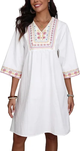 Miniatura 2 de Higustar Mini vestidos de verano de algodón blanco para mujer, estilo mexicano, estilo bohemio, vestido tipo babydoll para mujer