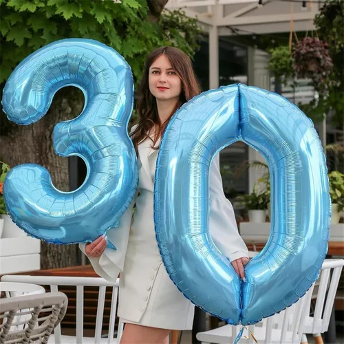 Miniatura 4 de Globos de número azul pastel de 40 pulgadas, globo gigante autoinflable de aluminio número 5 de cumpleaños para niños, globos azul bebé para hombres