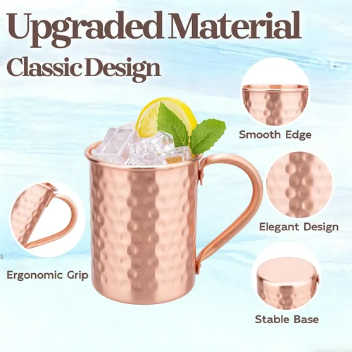 Miniatura 3 de Juego de 2 tazas de cobre 100% puro, tazas Moscow Mule con asa, taza de cobre para beber en frío, taza con acabado martillado a mano, regalos