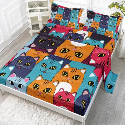 Miniatura 29 de Axolotl Juego de sábanas de gato negro de dibujos animados tamaño full, diseño de estrellas y luna impreso, ropa de cama para niños para decoración