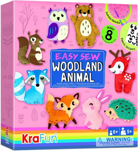 KRAFUN Kit de costura fácil para principiantes, niños, artes y manualidades, 8 proyectos de bricolaje de muñecas de peluche de animales del bosque,