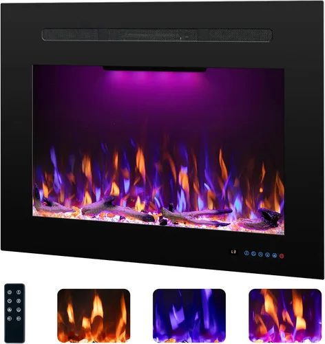 Insertos de chimenea eléctrica con 3 llamas y luz superior, calefactor empotrado, termostato, 750/1500W, sonido crepitante, troncos y cristales,
