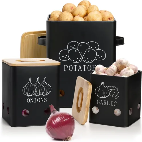 WUWEOT Paquete de 3 latas de almacenamiento de verduras, botes de almacenamiento de patatas cebollas y ajos, organizador de verduras frescas de