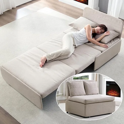 Miniatura 6 de BALUS Sofá cama extraíble tamaño individual de 43 pulgadas de ancho con camas extraíbles, sofá cama convertible 2 en 1 de lino con almohadas