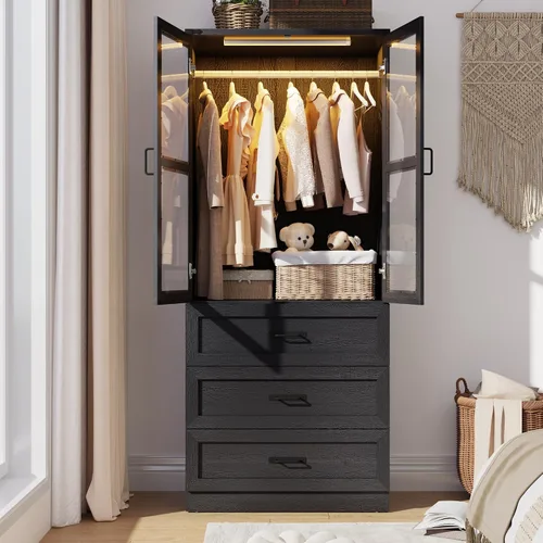 Miniatura 13 de Hlivelood Armario Ropero Estilo Granja de 75" de Alto con 2 Puertas con LED, Armario Independiente para Dormitorio con Barra para Colgar, Gabinete