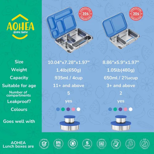 Miniatura 5 de AOHEA Caja Bento de Acero Inoxidable para Niños, Caja de Almuerzo Bento de Metal para Niños, Envases de Almuerzo Libres de BPA, Caja Bento de Acero