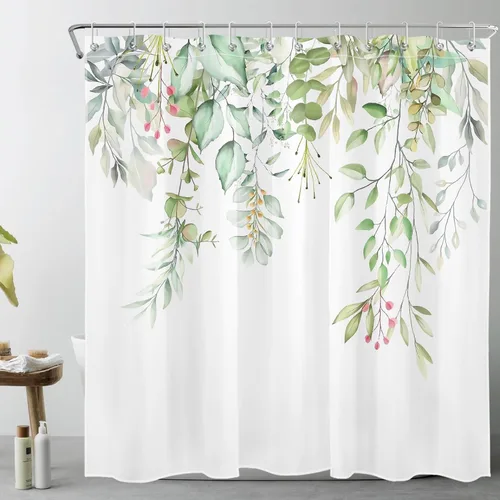 Miniatura 34 de LB Juego de cortinas de ducha de mariposa y flores con alfombras, margaritas y morado lavanda, hojas de eucalipto, cortina de ducha verde