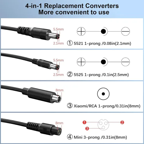 Miniatura 6 de Cargador de 42 V 2 A con 4 puntas (5.5 x 2.1/5.5 x 2.5/0.315 in, 3 clavijas/RCA) compatible con Hiboy, Gotrax, Swagtron universal para batería