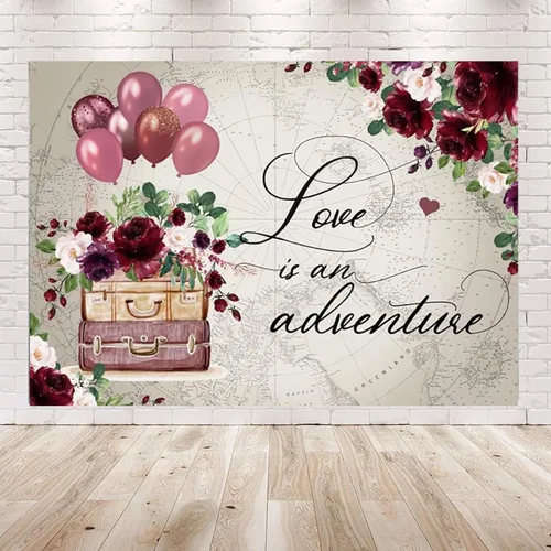 Miniatura 3 de Telón de fondo de despedida de soltera de viaje para fotografía, Love is Adventure Around The World, fondo de boda, maletas florales rojas vintage