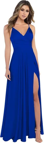 Dymaisei Vestidos de fiesta de satén brillante, tirantes delgados, vestidos de dama de honor, cuello en V, vestido de fiesta formal con abertura