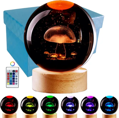 Lámpara de Bola de Cristal de Hongo 3D, Luz Nocturna LED de Hongo Realista, 16 Colores Cambiantes, Control Remoto Ajustable, Lámpara de Escritorio