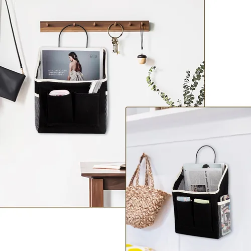 Miniatura 6 de LYroo Paquete de 2 cestas organizadoras negras para colgar en la pared con bolsillos para baño, dormitorio, cocina, dormitorio, artículos esenciales