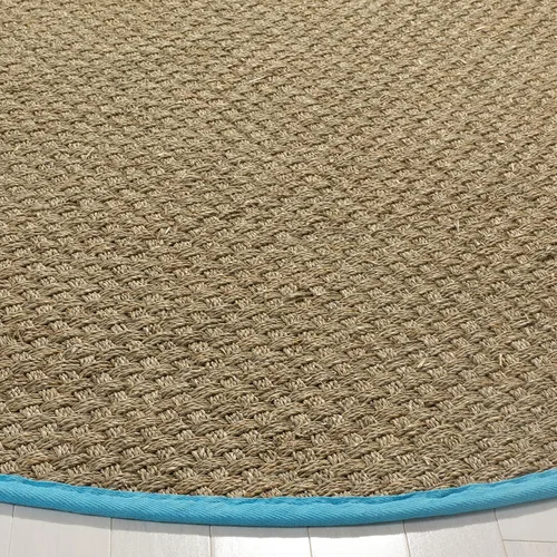 Miniatura 4 de SAFAVIEH Alfombra redonda de 6 pies, colección de fibra natural, natural y turquesa, hierba marina, patrón de tejido de canasta con borde (NF114S)