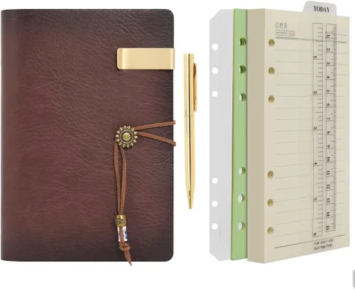 Miniatura 18 de Wonderpool - Diario de piel con papel rayado y bolígrafo, rellenable, cuaderno de espiral con 6 anillas, con libretas pautadas, cubierta vintage