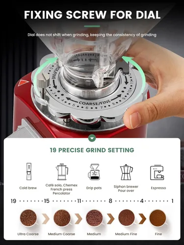 Miniatura 2 de Huanyu Molinillo de café de rebabas planas con 19 ajustes de molienda a granel, molinillo de granos de café eléctrico ajustable de gran capacidad