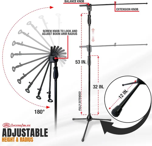 Miniatura 3 de AxcessAbles - Soporte de micrófono con base de trípode y brazo de pluma, ajuste de altura de embrague de liberación rápida, soporte de micrófono