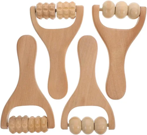 LALAFINA 4 rodillos masajeadores de madera, rodillos de cuentas de mano, herramienta de masaje de acupresión linfática para hombres y mujeres, pies,